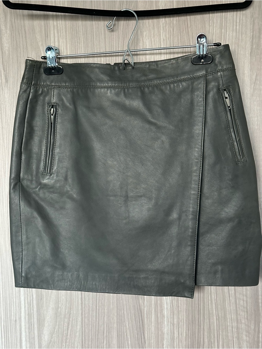 Structured Dark Grey Leather Mini Skirt with Zip Details
